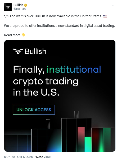 Bullish US Launch Announcement. Source: Bullish on X