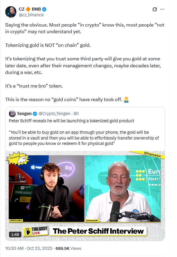 CZ Slams Tokenized Gold. Source: CZ on X