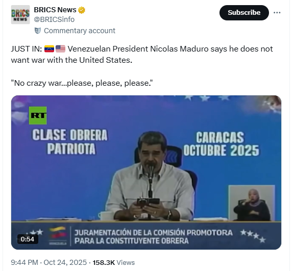 Nicolás Maduro addressing Venezuelan workers in Caracas.Source: BRICS News (@BRICSinfo) via RT broadcast