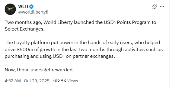 WLFI USD1 Points Program Reward. Source: WLFI X