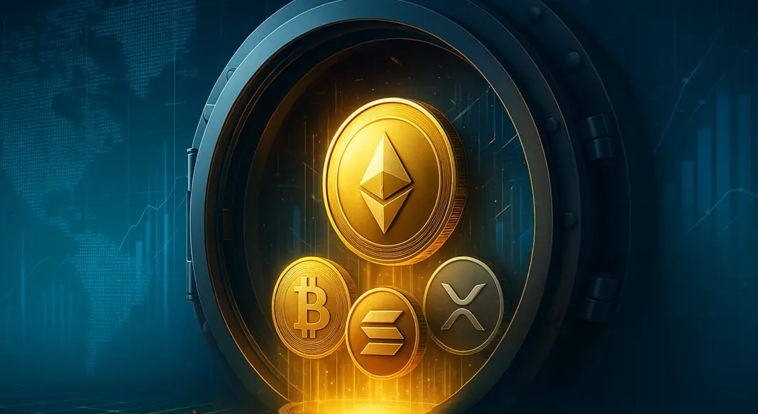 A high-tech digital vault filled with glowing Bitcoin, Ethereum, Solana, and XRP coins