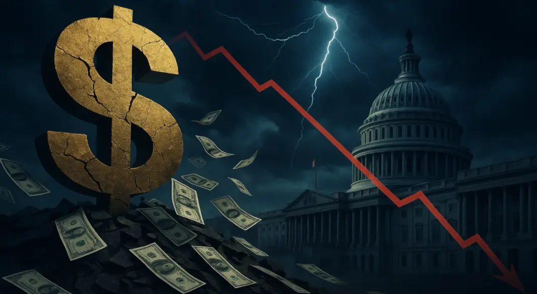 A cracked U.S. dollar symbol towers over the Capitol under stormy skies, symbolizing America’s exploding $6 billion daily debt