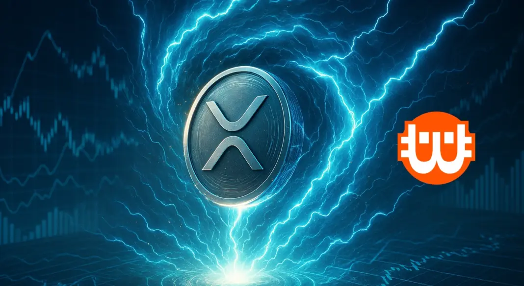 A glowing XRP coin surrounded by electric-blue lightning and swirling energy