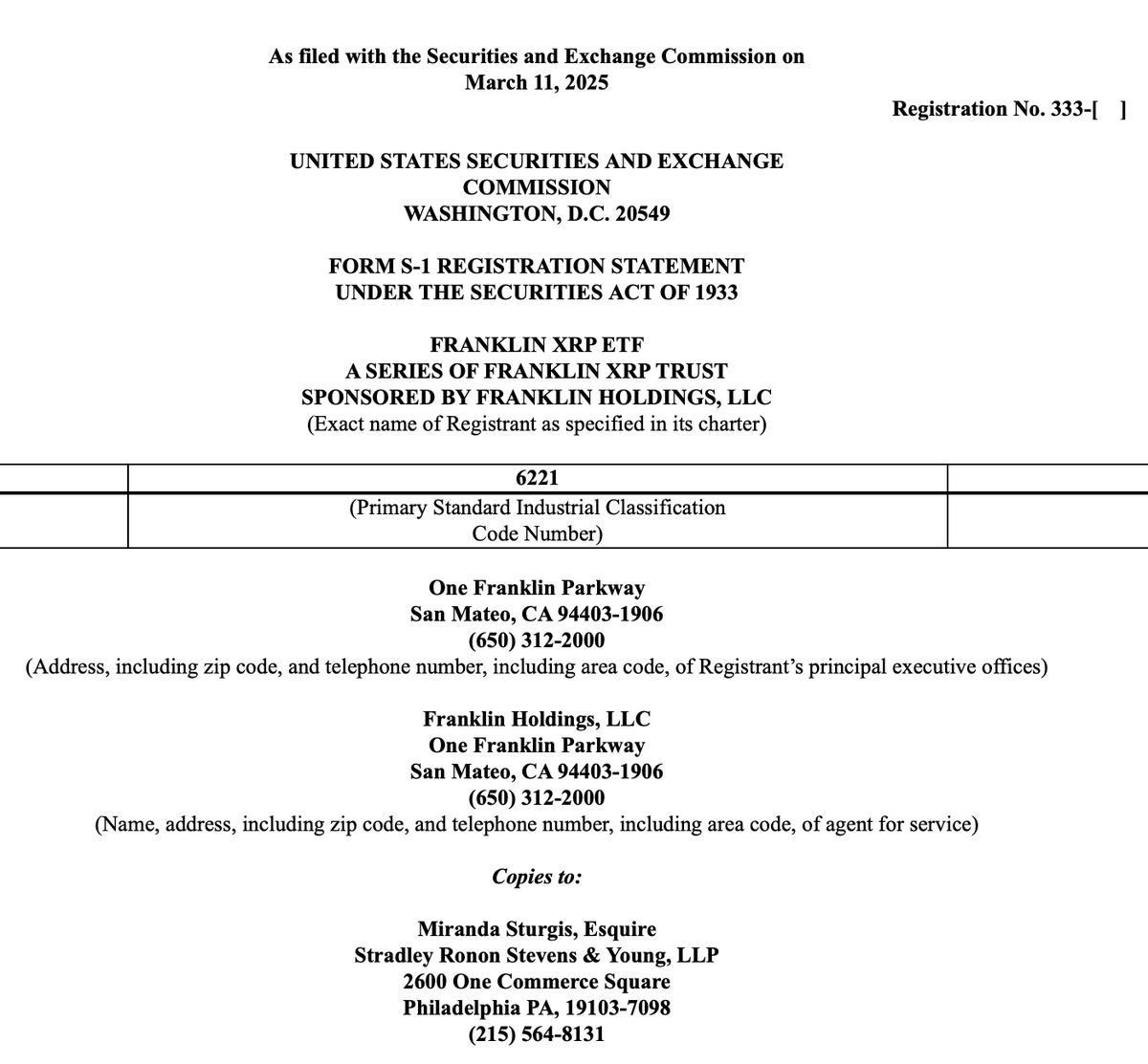 Franklin XRP ETF S1 Filing. Source: SEC