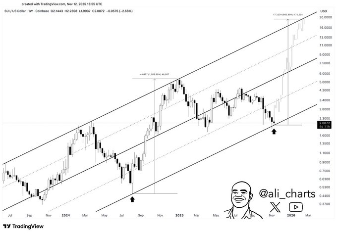 Sui Price Channel Projection To 20 USD. Source: Ali charts on X