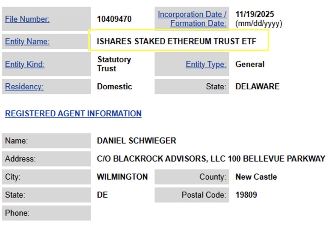 BlackRock Staked Ethereum ETF Filing. Source: Delaware Division of Corporations