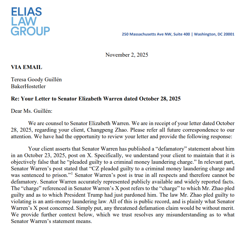 Warren Legal Response Letter. Source: Elias Law Group