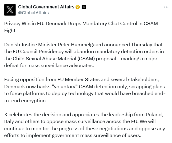 Denmark Drops EU Chat Control. Source: X Global Government Affairs