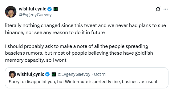 Wintermute Binance Lawsuit Rumor Denial. Source: X (@EvgenyGaevoy)