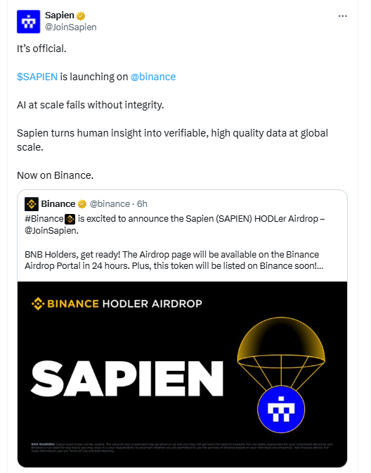 Sapien Binance listing announcement. Source: Sapien on X