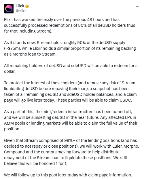Elixir deUSD Sunset and Claims. Source: Elixir on X