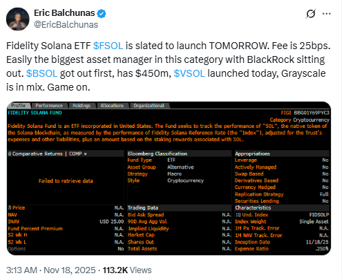 Fidelity Solana ETF Launch Tweet. Source: Eric Balchunas
