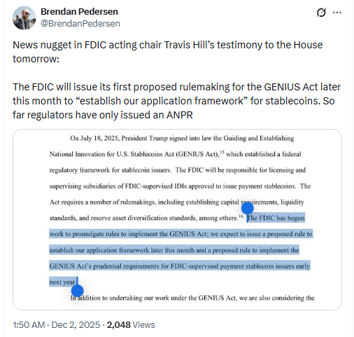 FDIC Stablecoin Rulemaking Testimony. Source: Brendan Pedersen