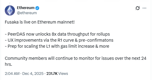 Ethereum Fusaka Upgrade Live. Source: Ethereum on X