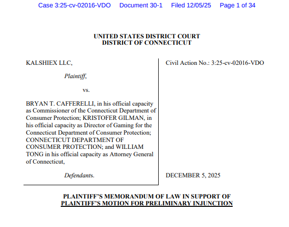 Kalshi Connecticut Injunction Filing. Source: CourtListener
