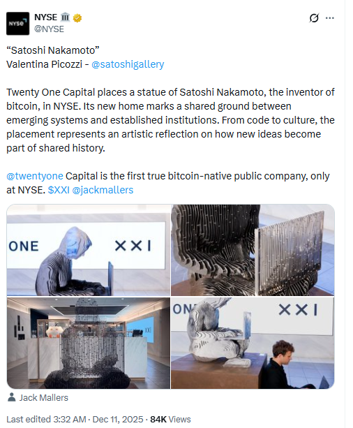 Satoshi Nakamoto Statue At NYSE. Source: NYSE
