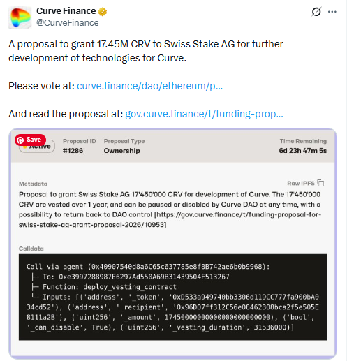 17.45M CRV Grant Vote. Source: CurveFinance