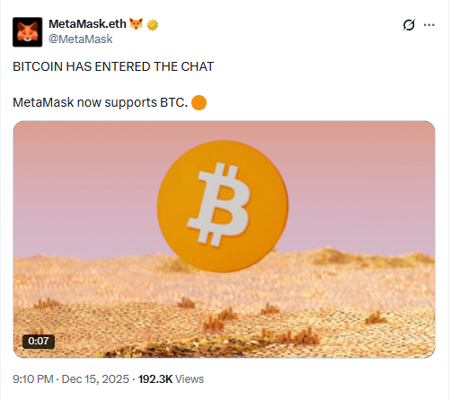 MetaMask Adds Bitcoin Support. Source: MetaMask via X