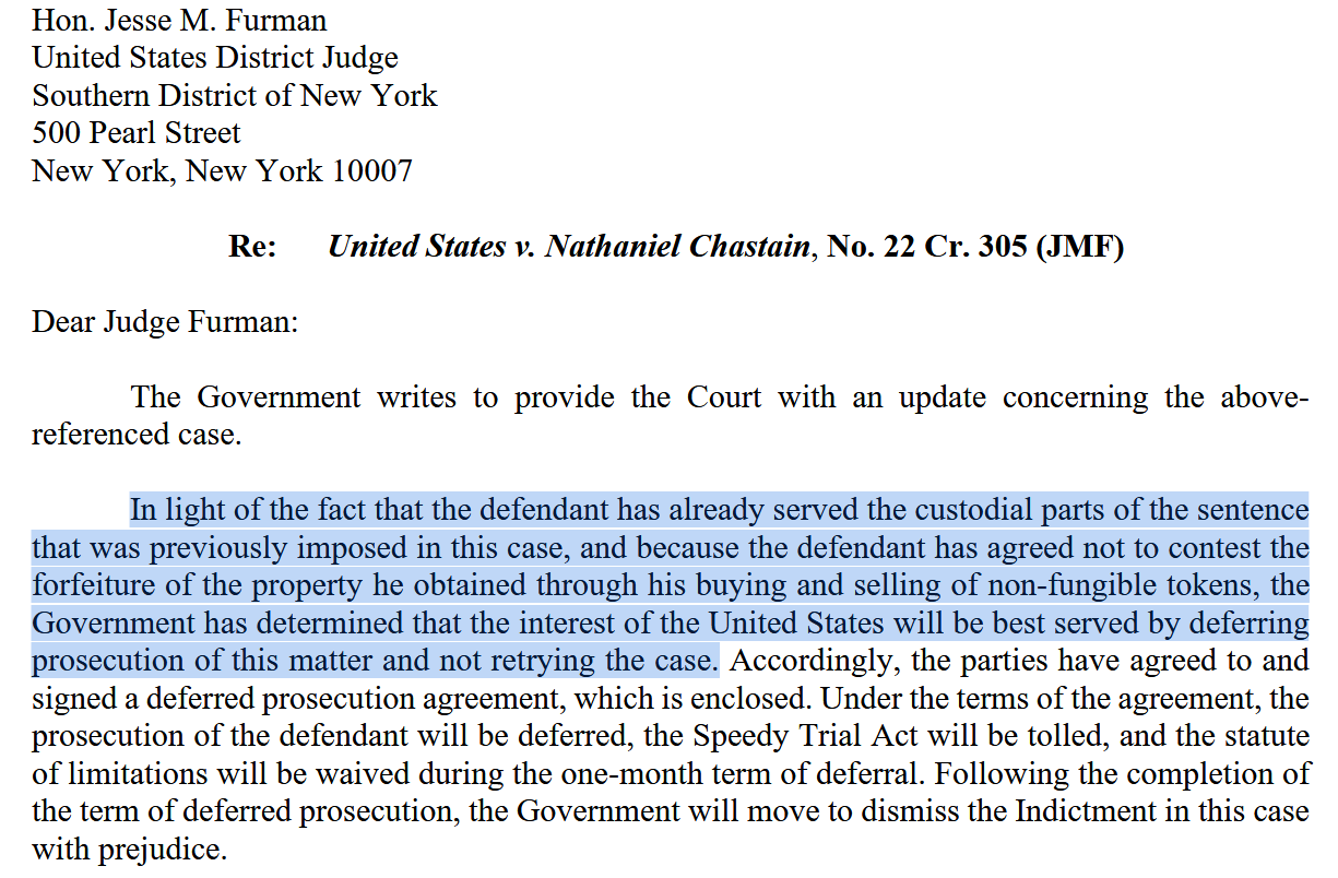 Deferred Prosecution Letter in OpenSea Case. Source: PACER