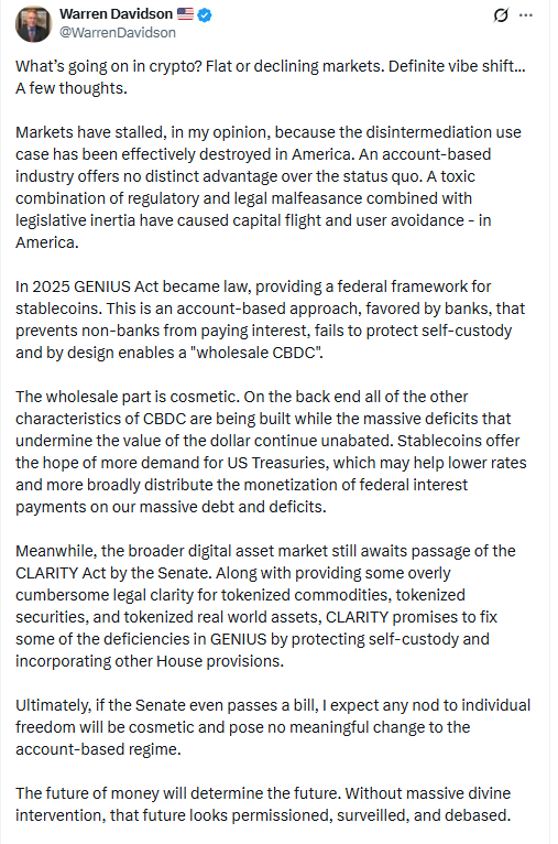 Warren Davidson Warns on GENIUS Act. Source: Warren Davidson on XSource: Warren Davidson (X)