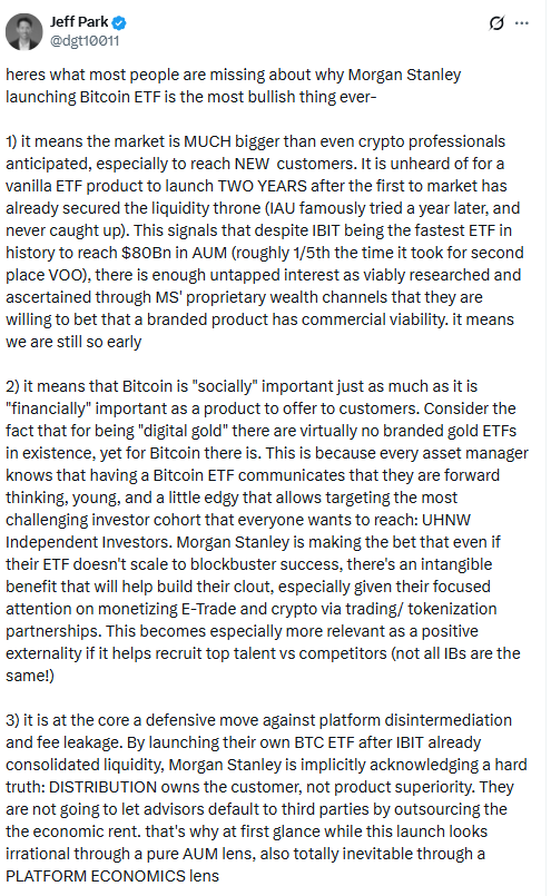 Jeff Park on Morgan Stanley Bitcoin ETF Strategy. Source: X (Jeff Park)