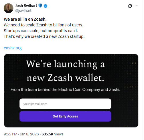 cashZ Zcash Wallet Launch Announcement. Source: Josh Swihart X