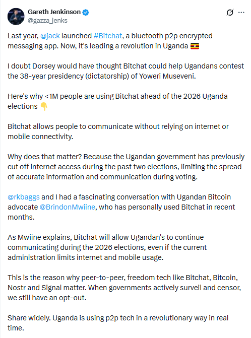 Bitchat Adoption in Uganda. Source: Gareth Jenkinson X