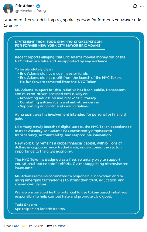 Eric Adams Statement on NYC Token. Source: Eric Adams X