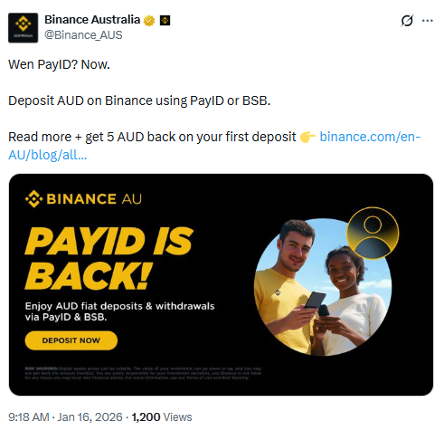 PayID Returns to Binance Australia. Source: Binance Australia on X