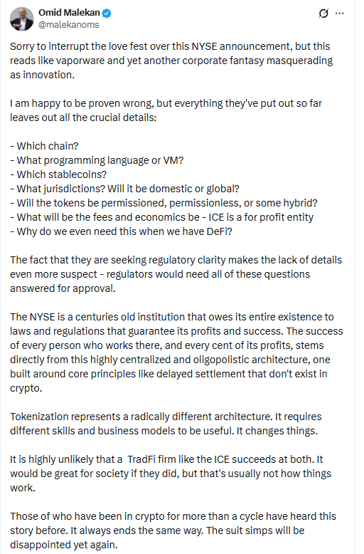 NYSE Tokenization Critique. Source: Omid Malekan (X)