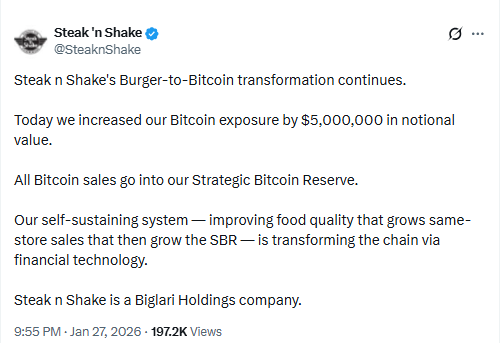 Steak ’n Shake Bitcoin Reserve Update. Source: Steak ’n Shake on X