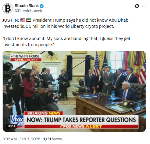 Trump Denies Knowledge of $500M WLFI Investment. Source: Bitcoin Black via X