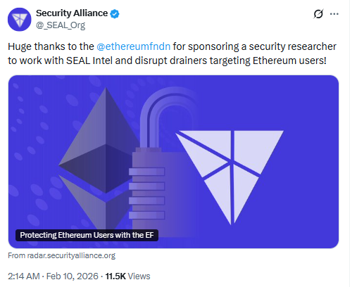 Ethereum Foundation Sponsors SEAL Researcher. Source: Security Alliance