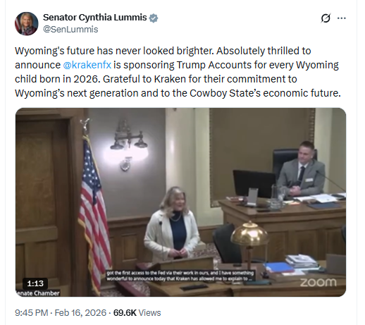 Kraken Sponsors Trump Accounts in Wyoming. Source: Cynthia Lummis
