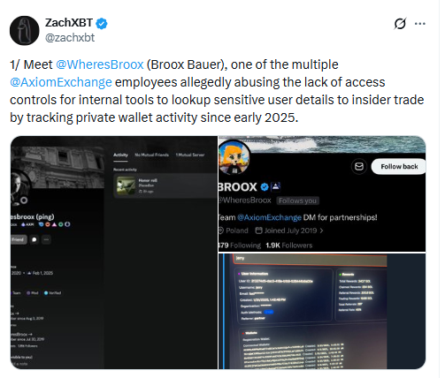 ZachXBT Axiom Insider Trading Post. Source: ZachXBT on X