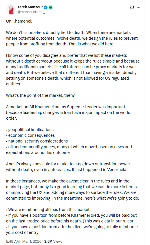 Tarek Mansour Statement on Khamenei Market. Source: Tarek Mansour on X