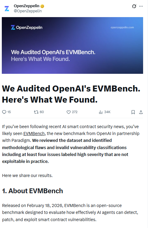 OpenZeppelin EVMBench Audit Announcement. Source: OpenZeppelin on X