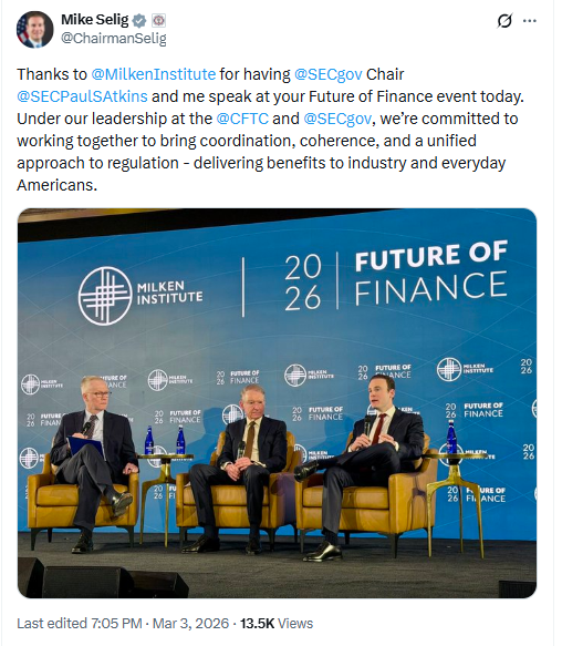 Future of Finance Panel with Michael Selig and Paul Atkins. Source: Mike Selig on X