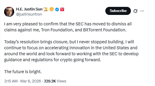 Justin Sun SEC Case Dismissal Post. Source: X