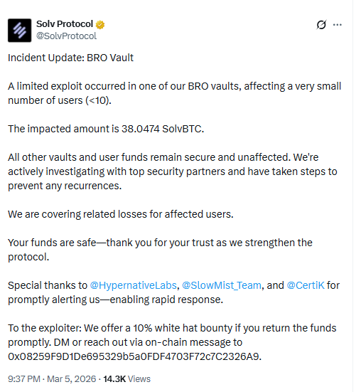 Solv Protocol BRO Vault Exploit Notice. Source: Solv Protocol on X