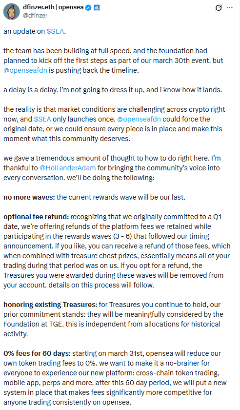 OpenSea SEA Token Delay Statement. Source: Devin Finzer (X)